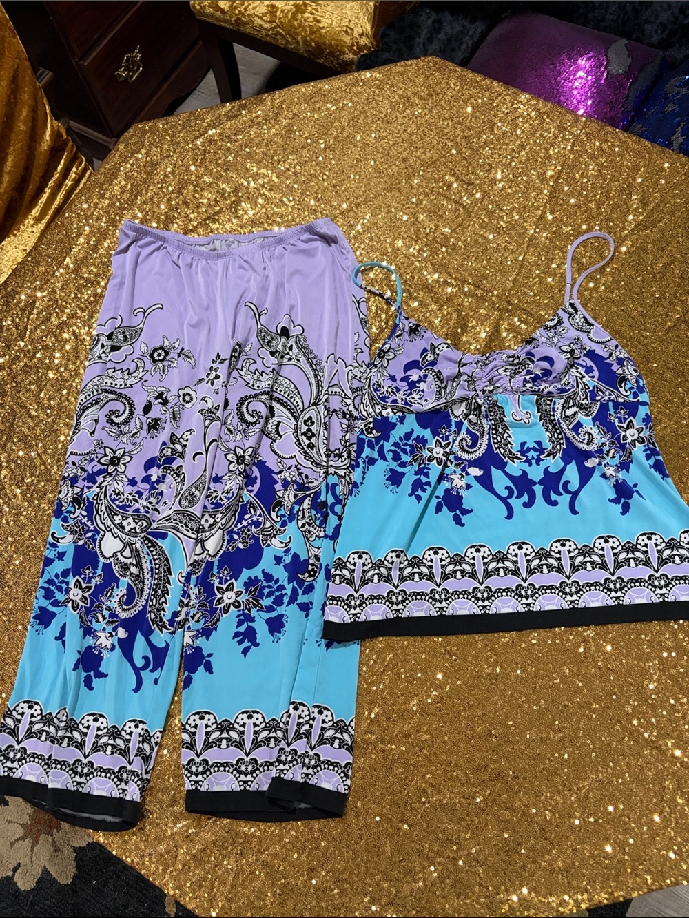 Linea Donatella Lavender and Aqua Paisley Print Pajama Cami Set